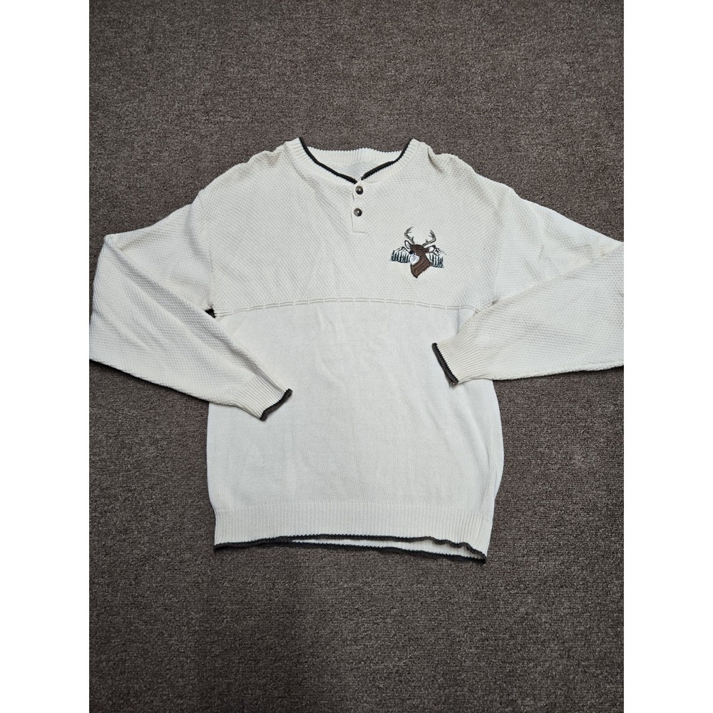 Vintage 90s Y2K Beige Stag Deer Henley Sweater Men's‎ L Knit Pullover Grandpa